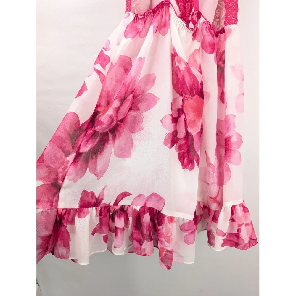 Floral Lace Trim Sheer Mesh Ruffle Babydoll Chemise Sz S Pink Nightgown Coquette